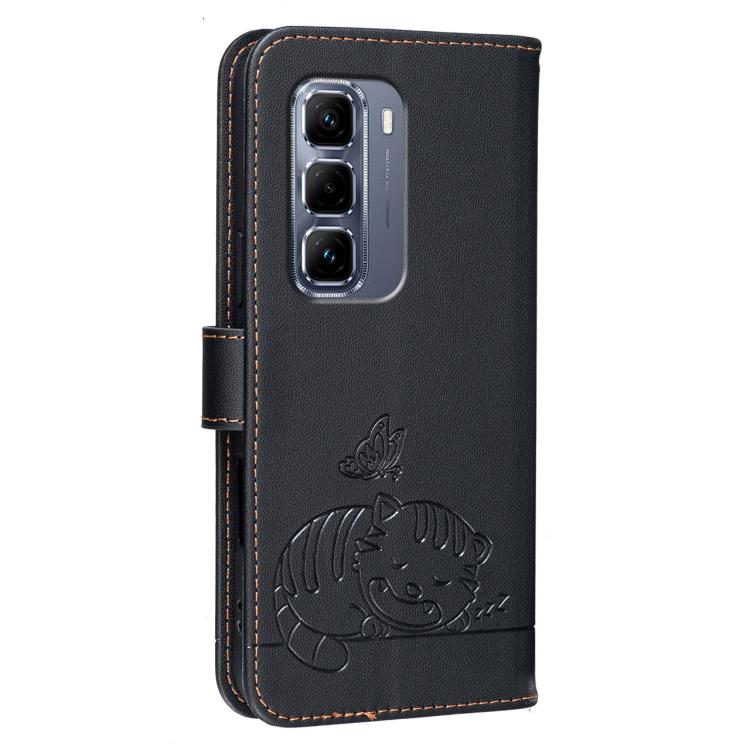 For Infinix Hot 50 Pro+ 4G Cat Butterfly Embossed RFID Vegan Leather Phone Case with Strap