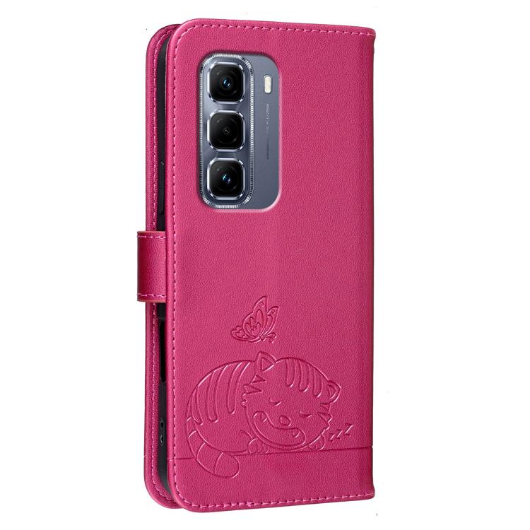 For Infinix Hot 50 Pro+ 4G Cat Butterfly Embossed RFID Vegan Leather Phone Case with Strap