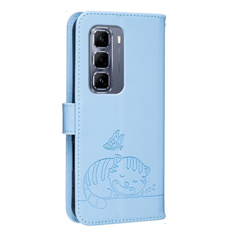 For Infinix Hot 50 Pro+ 4G Cat Butterfly Embossed RFID Vegan Leather Phone Case with Strap