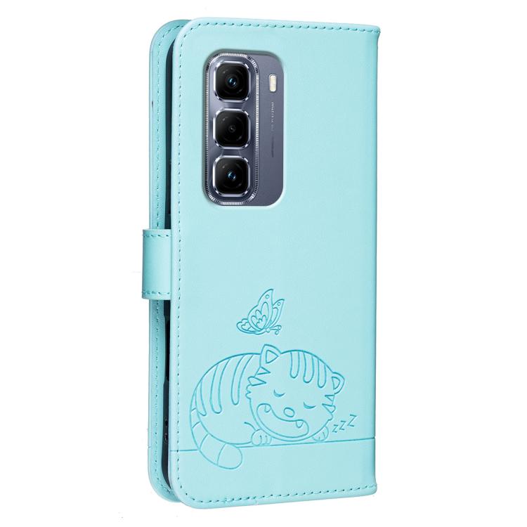 For Infinix Hot 50 Pro+ 4G Cat Butterfly Embossed RFID Vegan Leather Phone Case with Strap
