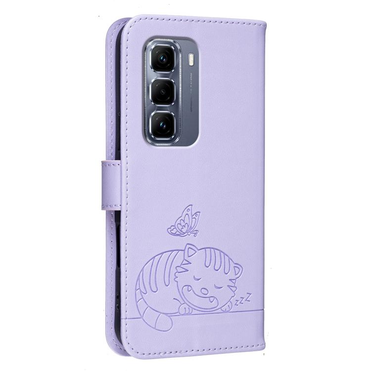 For Infinix Hot 50 Pro+ 4G Cat Butterfly Embossed RFID Vegan Leather Phone Case with Strap