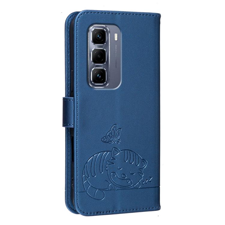 For Infinix Hot 50 Pro+ 4G Cat Butterfly Embossed RFID Vegan Leather Phone Case with Strap