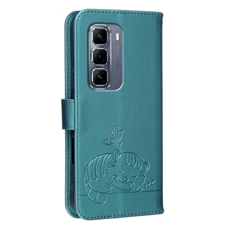 For Infinix Hot 50 Pro+ 4G Cat Butterfly Embossed RFID Vegan Leather Phone Case with Strap