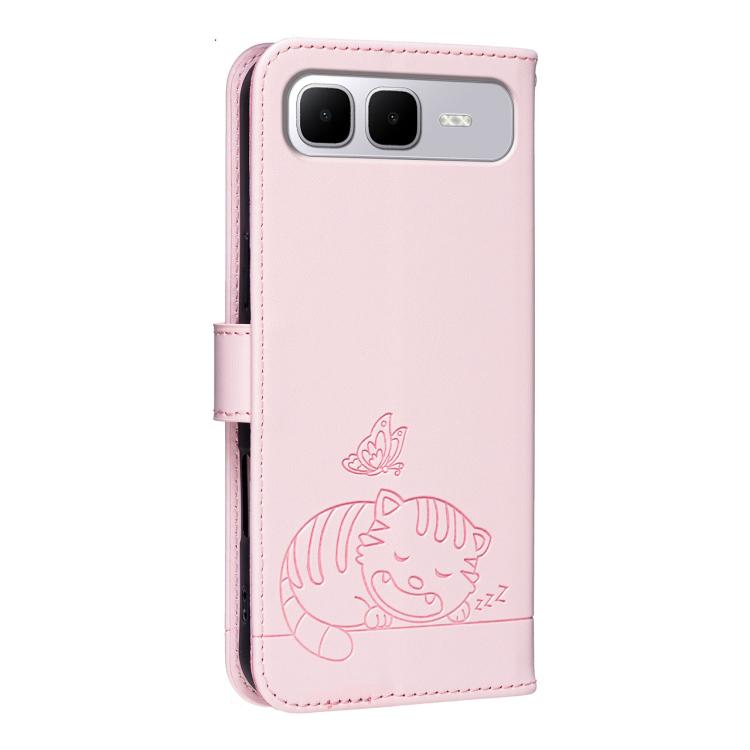 For Infinix Smart 10 Plus 4G Cat Butterfly Embossed RFID Vegan Leather Phone Case with Strap