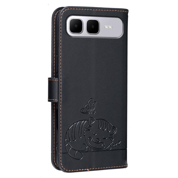 For Infinix Smart 10 Plus 4G Cat Butterfly Embossed RFID Vegan Leather Phone Case with Strap