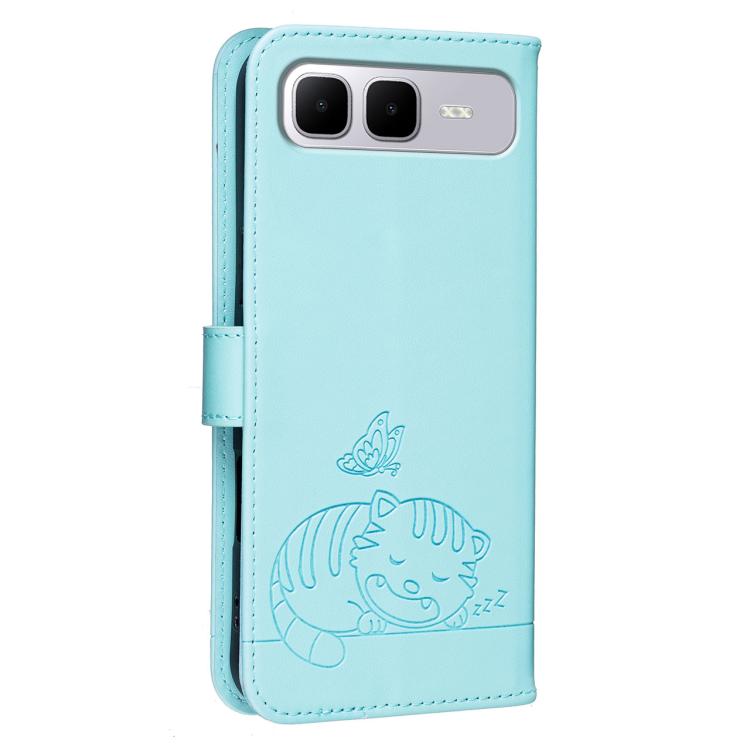 For Infinix Smart 10 Plus 4G Cat Butterfly Embossed RFID Vegan Leather Phone Case with Strap