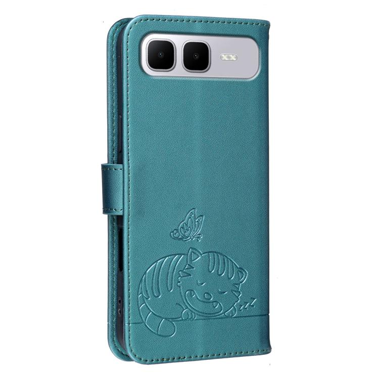 For Infinix Smart 10 Plus 4G Cat Butterfly Embossed RFID Vegan Leather Phone Case with Strap