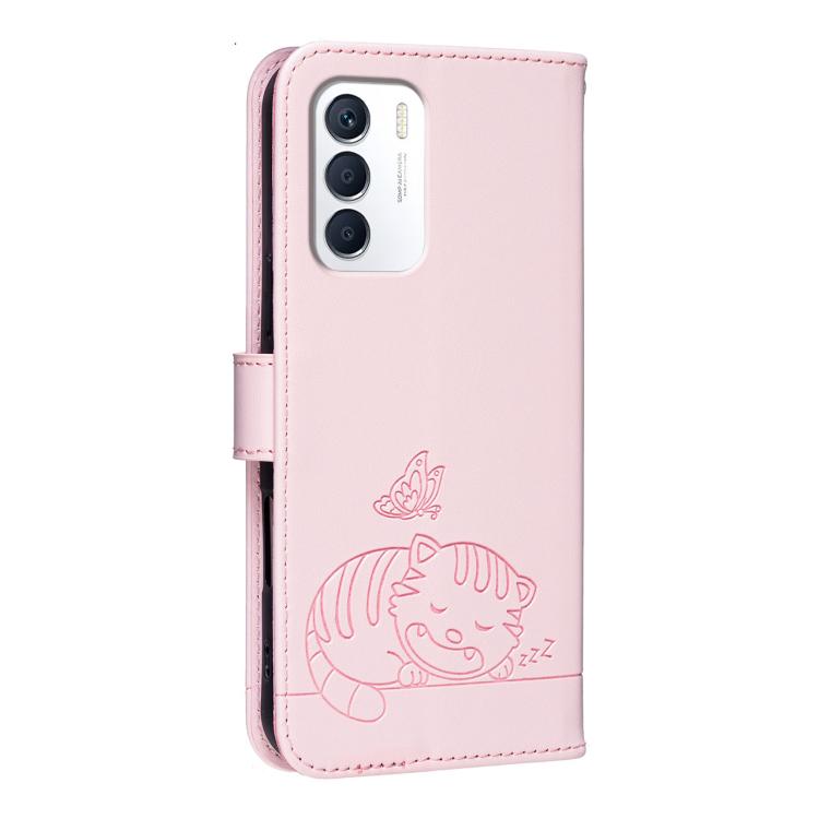 For Infinix Zero 5G 2023 Cat Butterfly Embossed RFID Vegan Leather Phone Case with Strap