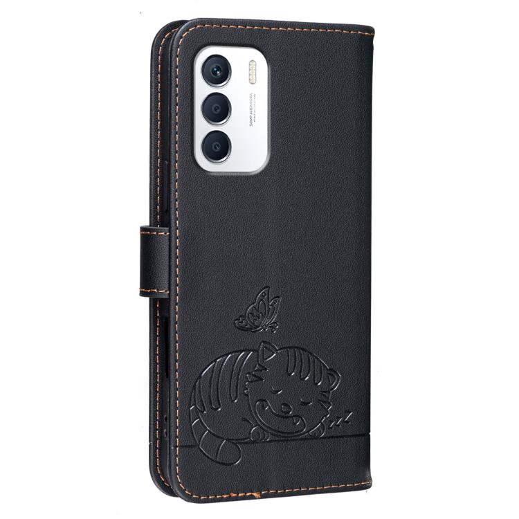 For Infinix Zero 5G 2023 Cat Butterfly Embossed RFID Vegan Leather Phone Case with Strap