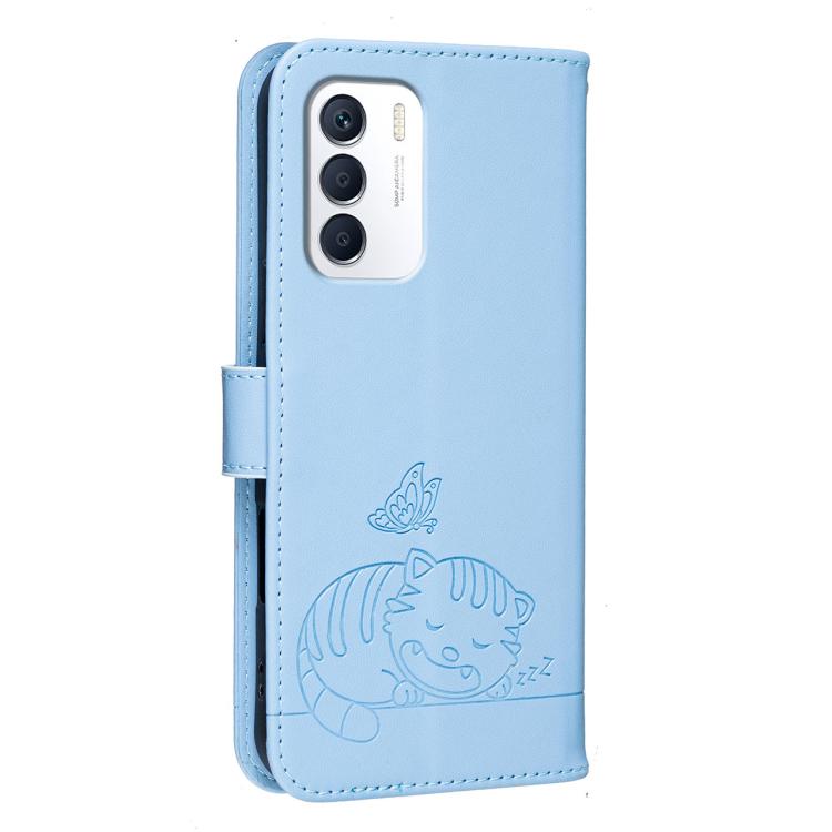 For Infinix Zero 5G 2023 Cat Butterfly Embossed RFID Vegan Leather Phone Case with Strap