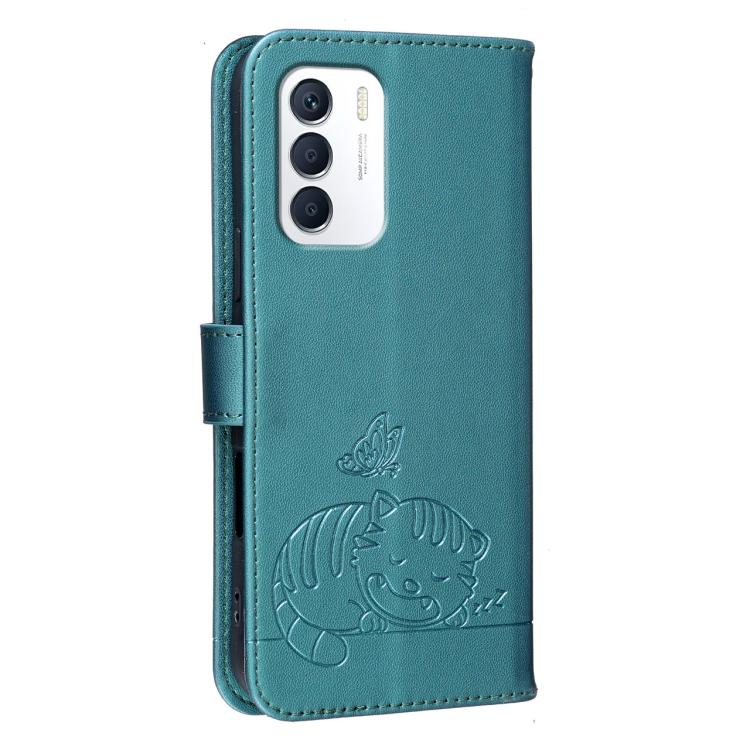 For Infinix Zero 5G 2023 Cat Butterfly Embossed RFID Vegan Leather Phone Case with Strap