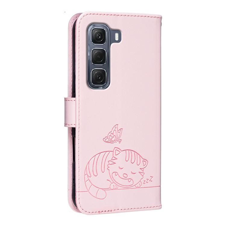 For Infinix Hot 60 Pro 4G Cat Butterfly Embossed RFID Vegan Leather Phone Case with Strap