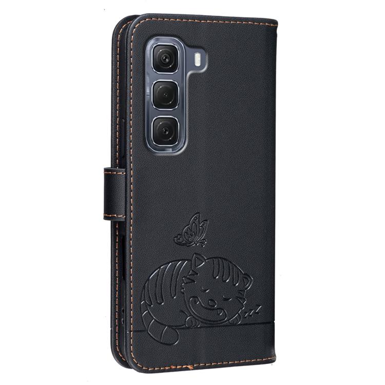 For Infinix Hot 60 Pro 4G Cat Butterfly Embossed RFID Vegan Leather Phone Case with Strap