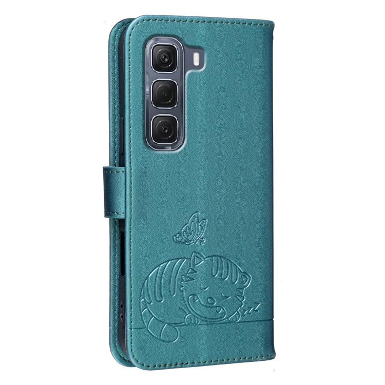 For Infinix Hot 60 Pro 4G Cat Butterfly Embossed RFID Vegan Leather Phone Case with Strap