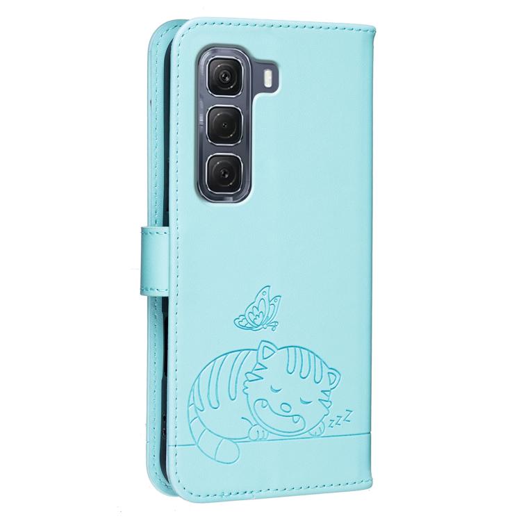 For Infinix Hot 60 Pro+ 4G Cat Butterfly Embossed RFID Vegan Leather Phone Case with Strap