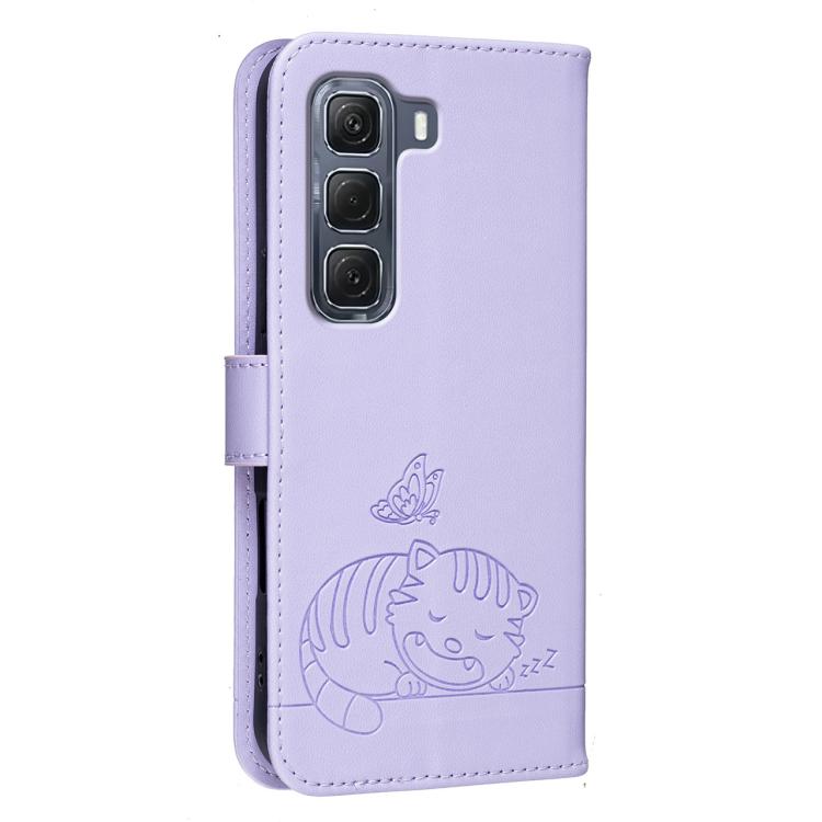 For Infinix Hot 60 Pro+ 4G Cat Butterfly Embossed RFID Vegan Leather Phone Case with Strap