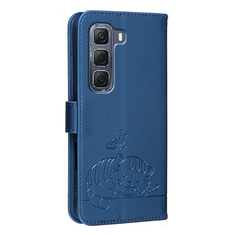 For Infinix Hot 60 Pro+ 4G Cat Butterfly Embossed RFID Vegan Leather Phone Case with Strap