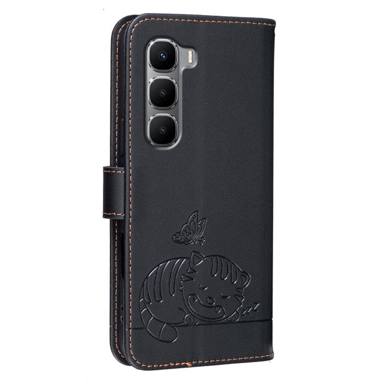 For Infinix Hot 60i 4G / 60 4G Cat Butterfly Embossed RFID Vegan Leather Phone Case with Strap