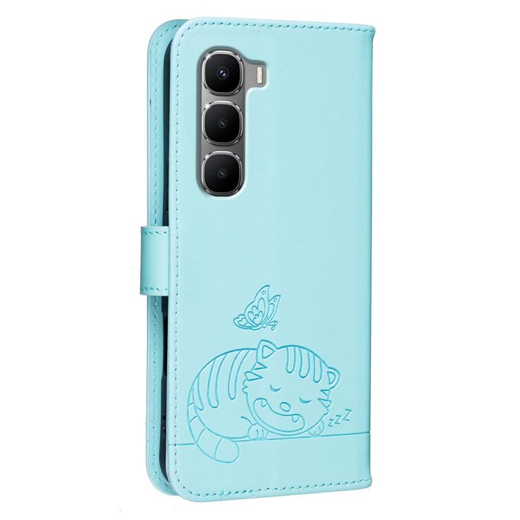 For Infinix Hot 60i 4G / 60 4G Cat Butterfly Embossed RFID Vegan Leather Phone Case with Strap