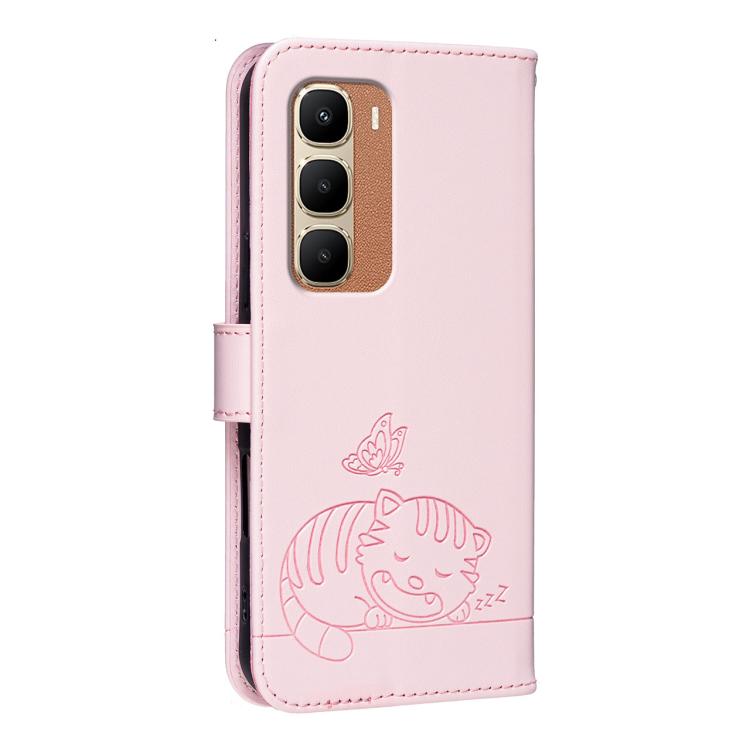 For Infinix Hot 70 4G Cat Butterfly Embossed RFID Vegan Leather Phone Case with Strap