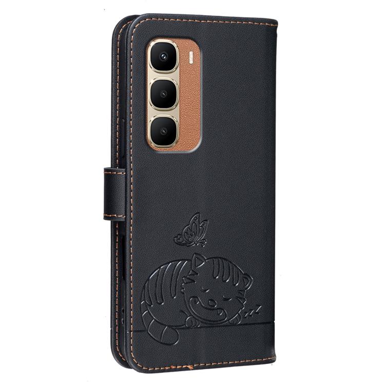 For Infinix Hot 70 4G Cat Butterfly Embossed RFID Vegan Leather Phone Case with Strap