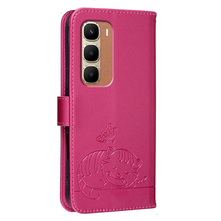 For Infinix Hot 70 4G Cat Butterfly Embossed RFID Vegan Leather Phone Case with Strap