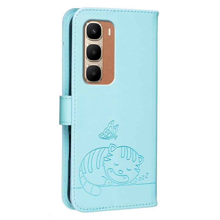 For Infinix Hot 70 4G Cat Butterfly Embossed RFID Vegan Leather Phone Case with Strap