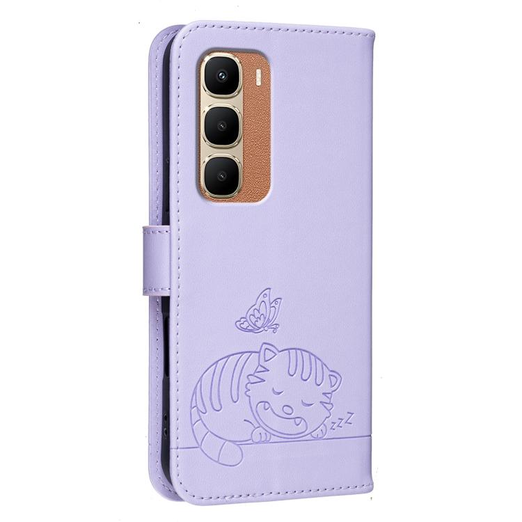 For Infinix Hot 70 4G Cat Butterfly Embossed RFID Vegan Leather Phone Case with Strap