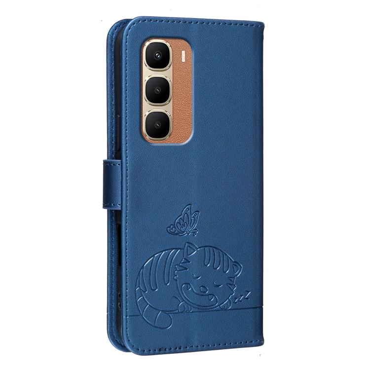 For Infinix Hot 70 4G Cat Butterfly Embossed RFID Vegan Leather Phone Case with Strap