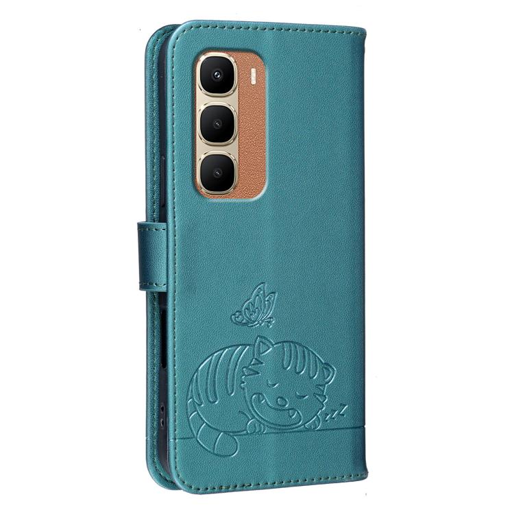 For Infinix Hot 70 4G Cat Butterfly Embossed RFID Vegan Leather Phone Case with Strap