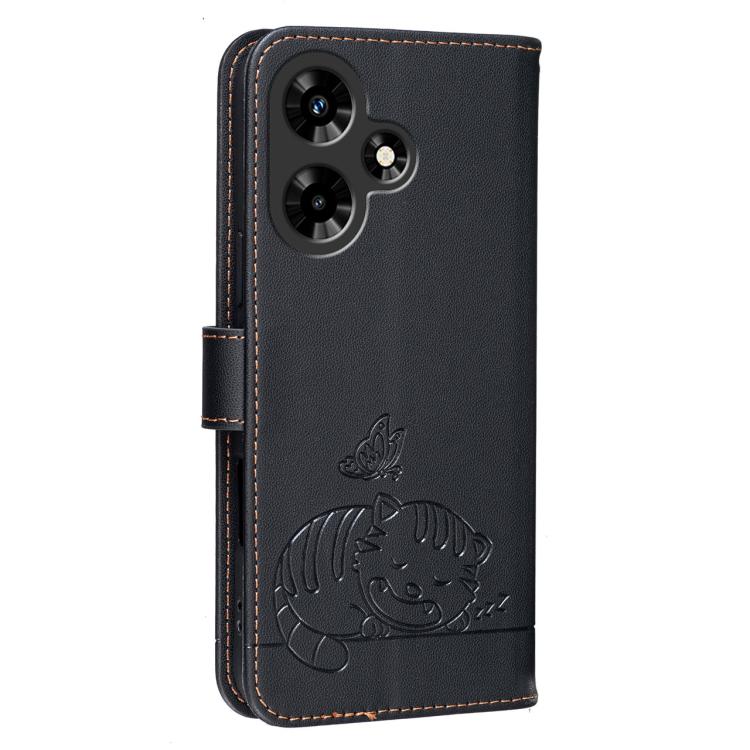 For Infinix Hot 30 4G Cat Butterfly Embossed RFID Vegan Leather Phone Case with Strap