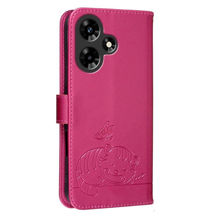 For Infinix Hot 30 4G Cat Butterfly Embossed RFID Vegan Leather Phone Case with Strap