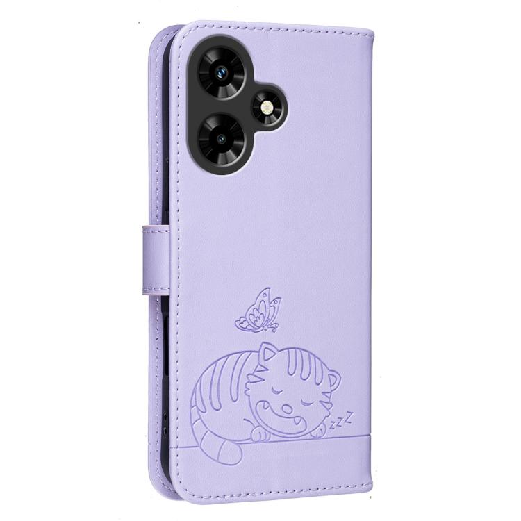 For Infinix Hot 30 4G Cat Butterfly Embossed RFID Vegan Leather Phone Case with Strap