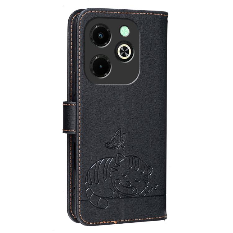 For Infinix Hot 40i Cat Butterfly Embossed RFID Vegan Leather Phone Case with Strap