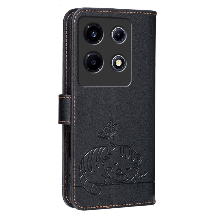 For Infinix Note 30 VIP Cat Butterfly Embossed RFID Vegan Leather Phone Case with Strap