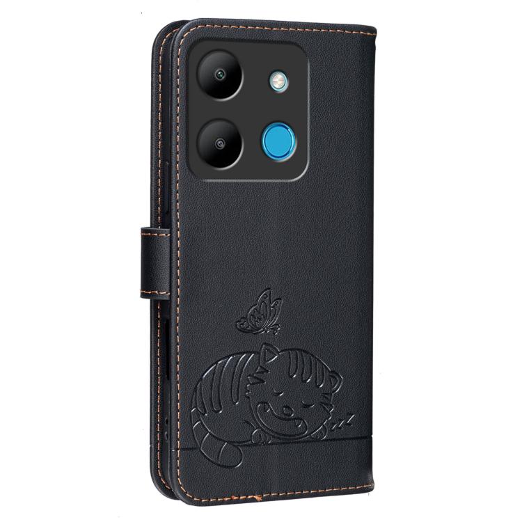 For Infinix Smart 7 Cat Butterfly Embossed RFID Vegan Leather Phone Case with Strap