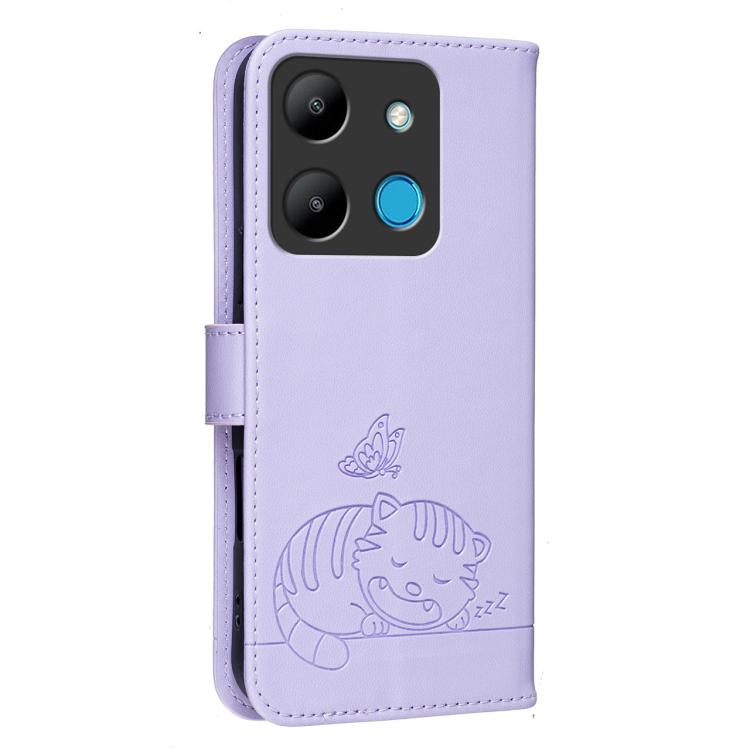 For Infinix Smart 7 Cat Butterfly Embossed RFID Vegan Leather Phone Case with Strap
