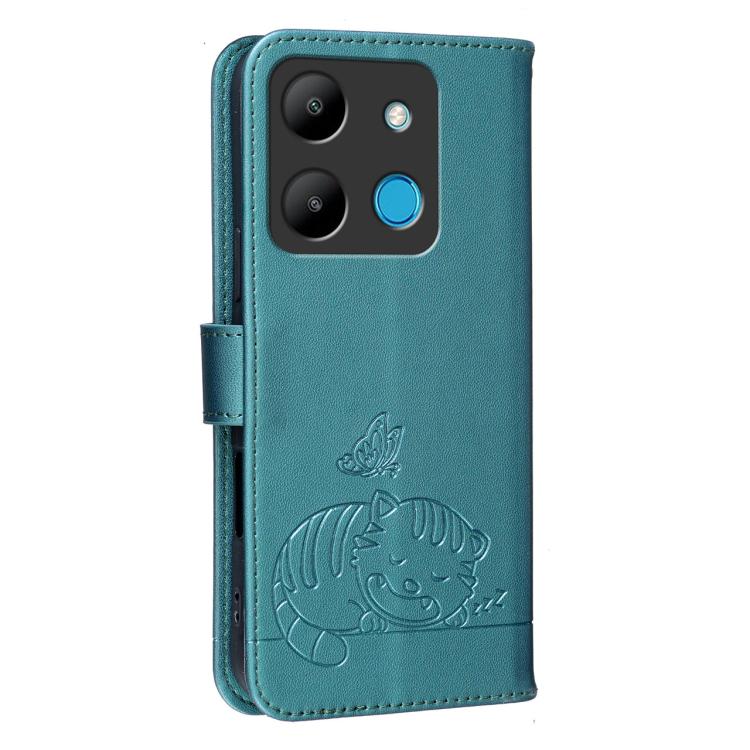 For Infinix Smart 7 Cat Butterfly Embossed RFID Vegan Leather Phone Case with Strap