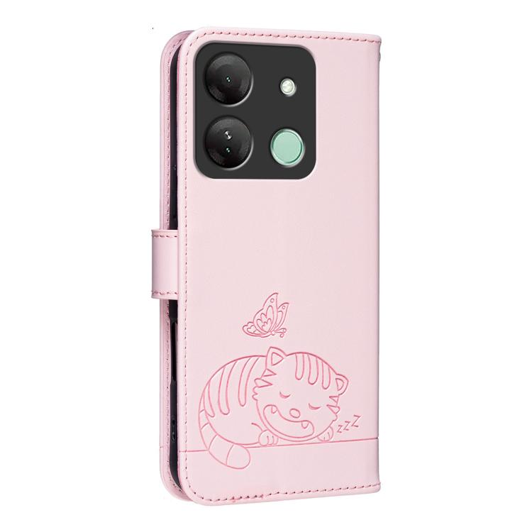 For Infinix Smart 7 HD / 7 Plus Cat Butterfly Embossed RFID Vegan Leather Phone Case with Strap