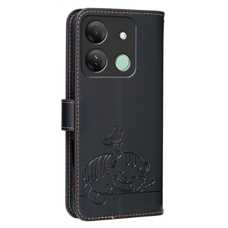 For Infinix Smart 7 HD / 7 Plus Cat Butterfly Embossed RFID Vegan Leather Phone Case with Strap
