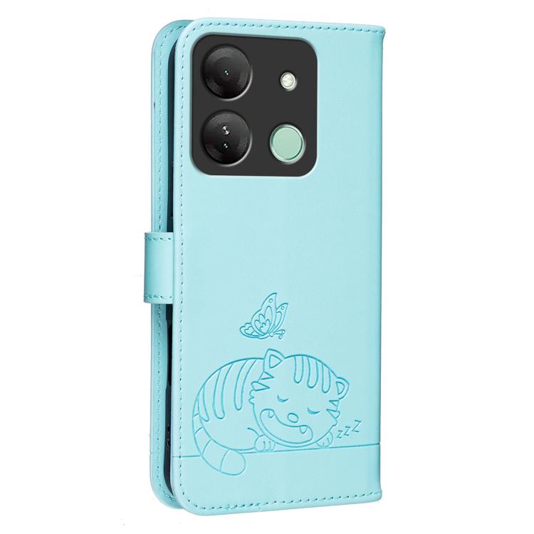For Infinix Smart 7 HD / 7 Plus Cat Butterfly Embossed RFID Vegan Leather Phone Case with Strap