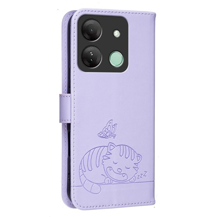 For Infinix Smart 7 HD / 7 Plus Cat Butterfly Embossed RFID Vegan Leather Phone Case with Strap