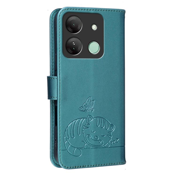 For Infinix Smart 7 HD / 7 Plus Cat Butterfly Embossed RFID Vegan Leather Phone Case with Strap