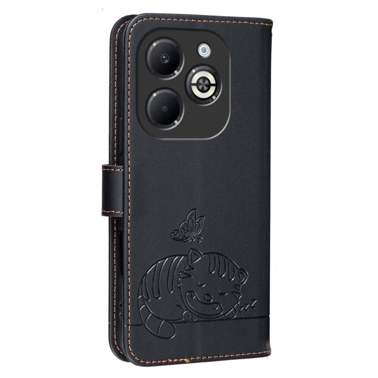 For Infinix Smart 8 Plus Cat Butterfly Embossed RFID Vegan Leather Phone Case with Strap