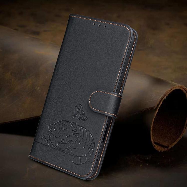 For Infinix Smart 8 Plus Cat Butterfly Embossed RFID Vegan Leather Phone Case with Strap