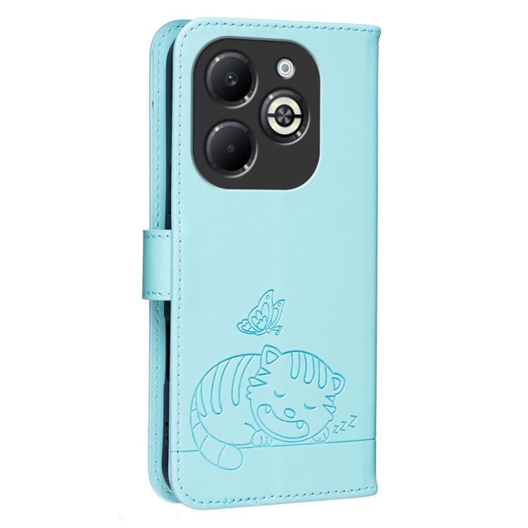 For Infinix Smart 8 Plus Cat Butterfly Embossed RFID Vegan Leather Phone Case with Strap