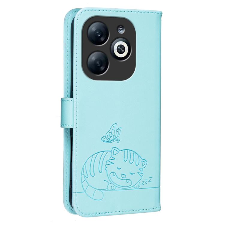 For Infinix Smart 8 Pro Cat Butterfly Embossed RFID Vegan Leather Phone Case with Strap