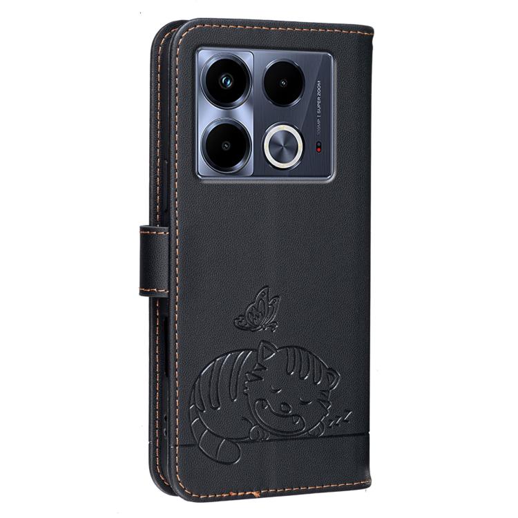 For Infinix Note 40 5G Cat Butterfly Embossed RFID Vegan Leather Phone Case with Strap