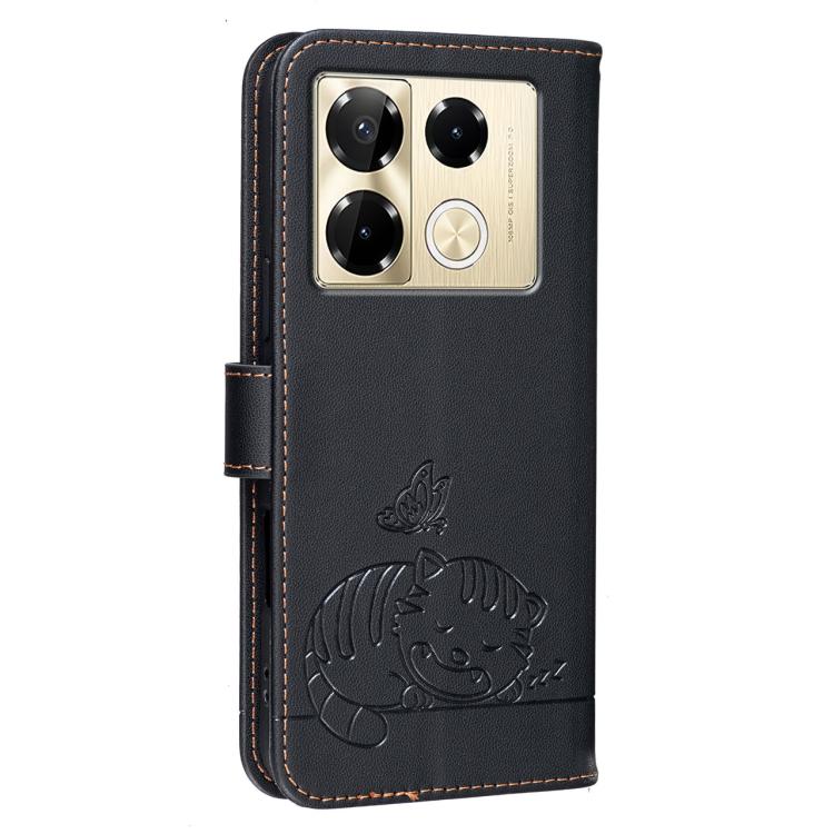 For Infinix Note 40 Pro / 40 Pro+ Cat Butterfly Embossed RFID Vegan Leather Phone Case with Strap