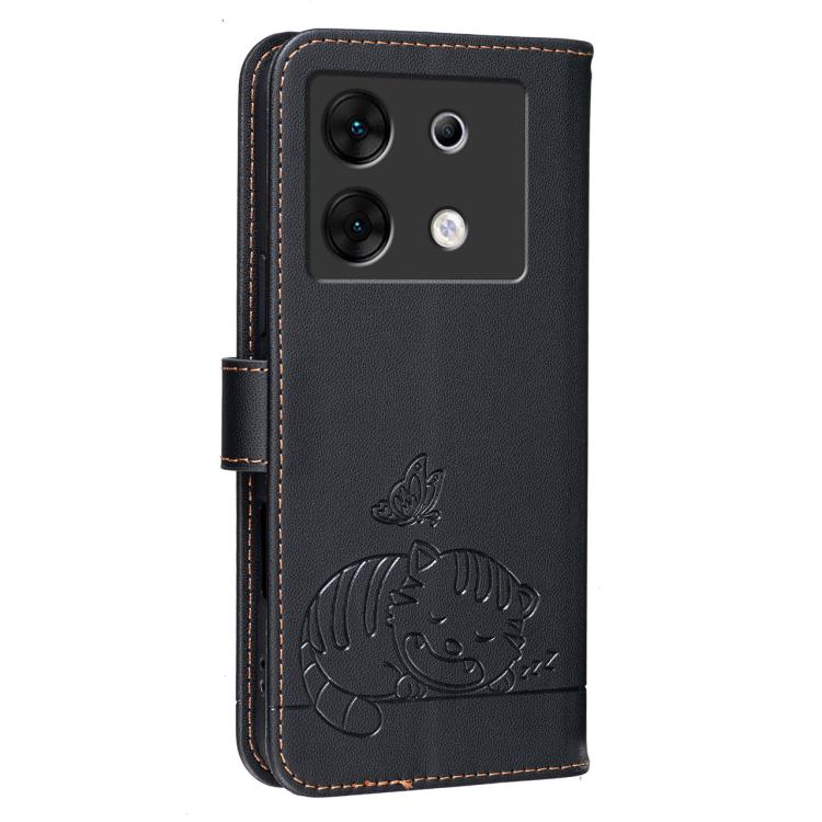 For Infinix Zero 30 5G Cat Butterfly Embossed RFID Vegan Leather Phone Case with Strap